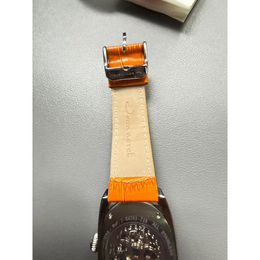 Jeanneret Women Orange Skeleton Automatic Watch Stainless Steel Leather J-64283